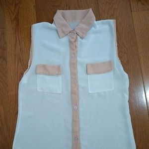 Sheer button down sleeveless blouse with pockets